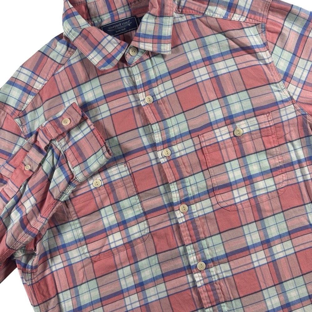 Vineyard‎ Vines Plaid Button Up Shirt Mens Medium Pink Blue Cotton Linen Blend